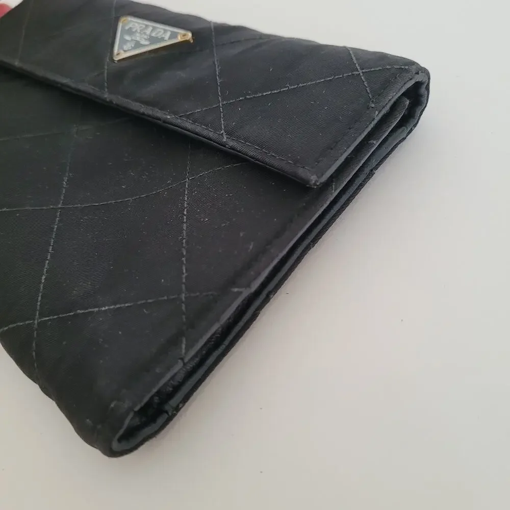 Prada Milano Black Quilted Nylon &‎ Leather Bifold Wallet Gold Logo Snap Closure